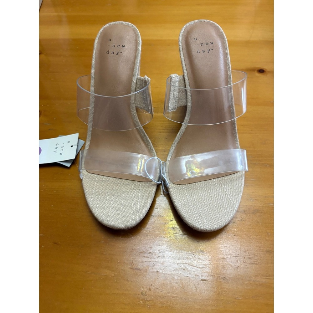 A New Day Hattie Natural Wedge Sandals Clear Double Strap Espadrille Mules 9